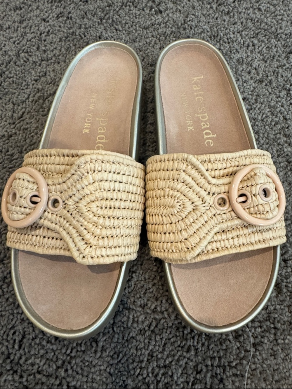 kate spade Maribelle tan woven raffia buckle slide sandals